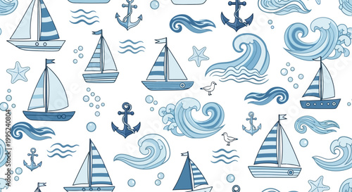 Nautical seamless pattern with sailboats anchors waves and sea elements in blue on white background