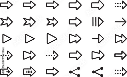 Set of black outline arrow icons on transparent background for web and app user interface symbols vector.