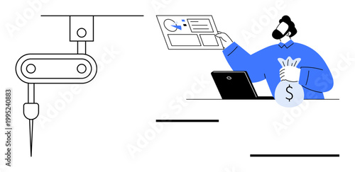 Automation, finance management, technology innovation, robotics, business solutions, digital growth. A robotic arm beside a businessman holding a money bag and analyzing data. Automation and finance