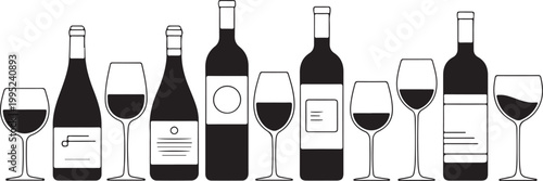 Wine Bottles and Glasses Silhouette Set for Tasting Events, Restaurants, and Wine Cellar Decor