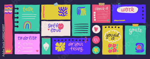 A colorful and vibrant digital illustration of a motivational sticky note planner with inspiring quotes and playful designs, perfect for a fun and creative workspace or office decor.