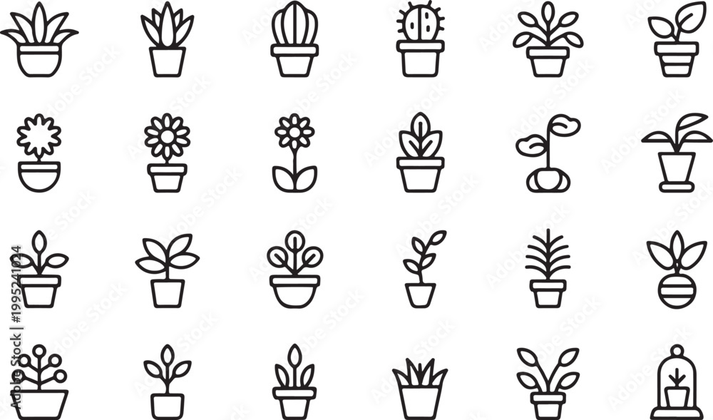 Fototapeta premium Houseplants and Botanical Garden Line Icon Set Featuring Potted Plants, Flowers, and Succulents