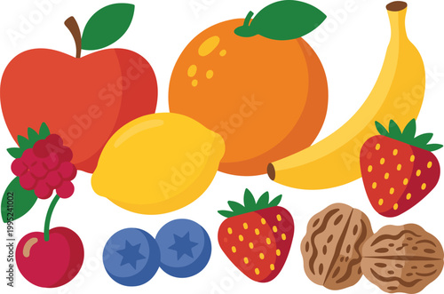 Fresh fruit collection with red apple orange banana yellow lemon blueberries sweet strawberries raspberries and whole walnuts.