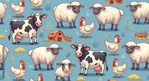 Cartoon farm animals seamless pattern cows sheep chickens barn fence grass