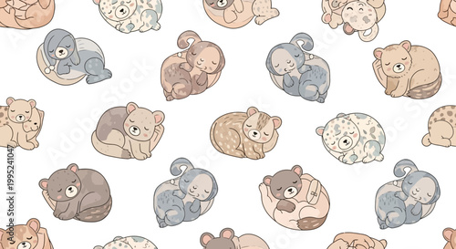 Cute cartoon bears and koalas sleeping on white background, peaceful animals pattern