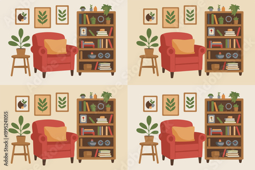 Comfortable living room interior set with red armchair bookshelf wooden side table and green houseplants in four color schemes.
