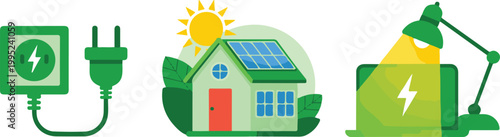 Green energy technology set with solar power house electrical plug socket and laptop computer charging under bright desk lamp.