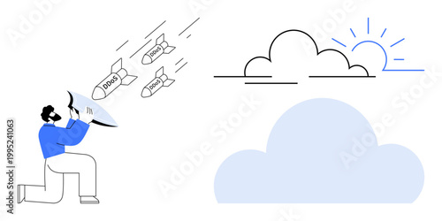 Cybersecurity, DDoS prevention, cloud safety, data protection, digital threat mitigation, network security. A person uses a shield to block DDoS threats. Cybersecurity and DDoS prevention concept