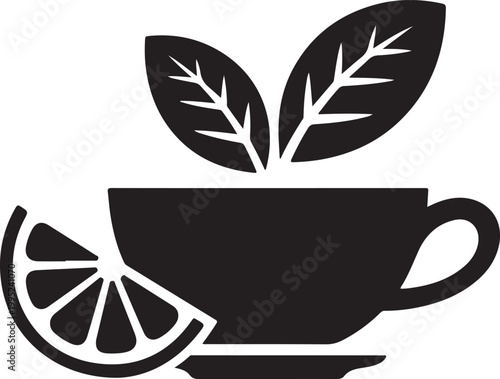 Simple black silhouette icon of a tea cup with two leaves and a lemon slice on a transparent background.