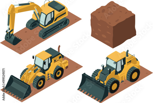 Isometric set of heavy construction machinery excavators front loaders ground digging equipment dirt work site vehicles.