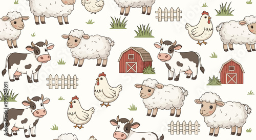 Farm animals seamless pattern with cows sheep chickens and barns on white background