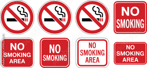 No smoking signs in various formats red circle with diagonal line and red square no smoking area.