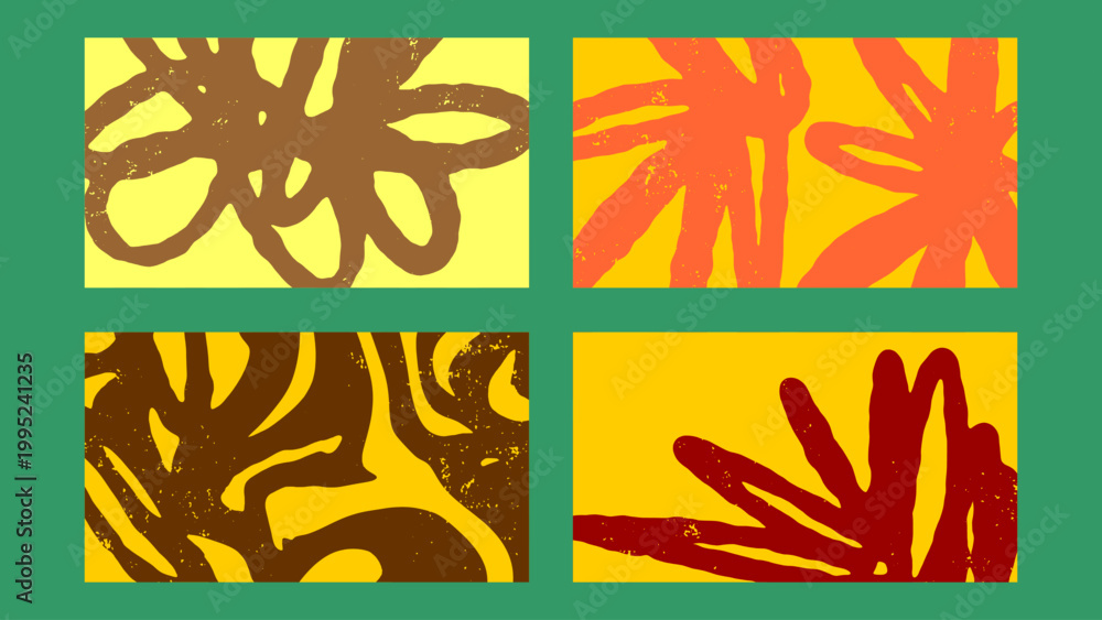 Obraz premium Set of four summer abstract backgrounds with floral and sun shapes. Creative hand drawn patterns in warm colors for seasonal promotions and tropical themed design projects.