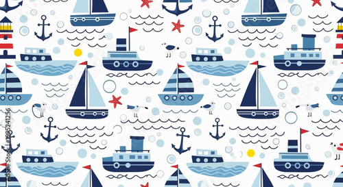 Nautical seamless pattern with sailboats anchors and ships on water with bubbles and starfish on white background