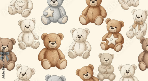 Collection of cute teddy bears in various poses and colors on cream background