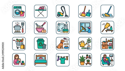 Colorful icons of household chores and daily activities.