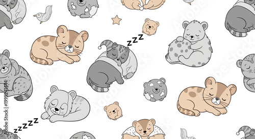 Cute cartoon bears and cats sleeping peacefully together