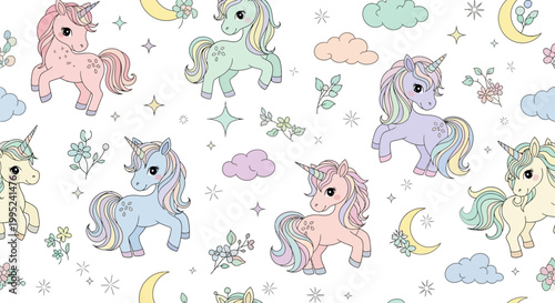 Colorful unicorn seamless pattern with clouds moons and stars