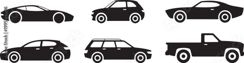 Set of car silhouettes vector illustration, various types of vehicles including sedan, hatchback, and pickup truck.