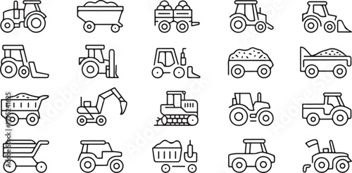 Set of tractor and combine harvester vector icons, farm machinery with trailers, agricultural equipment for cultivation.
