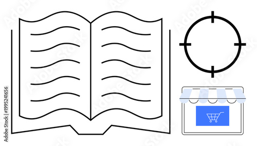 Learning, e-commerce, precision marketing, target audience, online shopping, retail strategy. Open book, target icon and a storefront with a shopping cart. Learning and e-commerce ideas