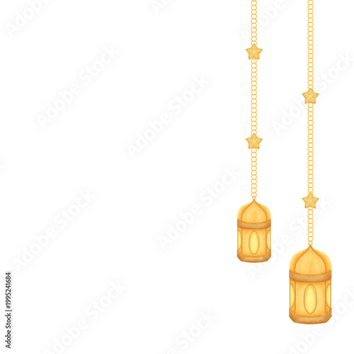 Watercolor Islamic two golden hanging lantern