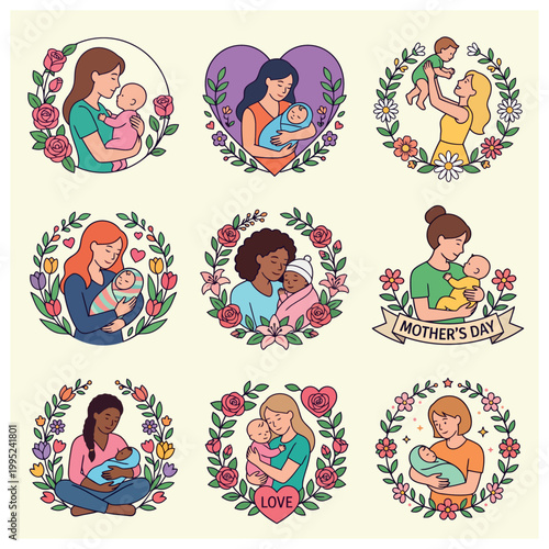 Diverse mothers and babies illustrations.