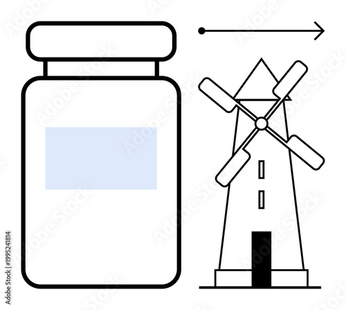 Renewable energy, sustainability, food storage, modern agriculture, eco design, innovation. Minimalist windmill and jar. Renewable energy and sustainability concepts visually