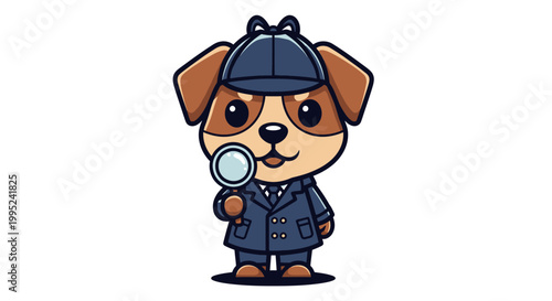 Foto Cute Cartoon Dog Detective with Magnifying Glass and Fedora Hat