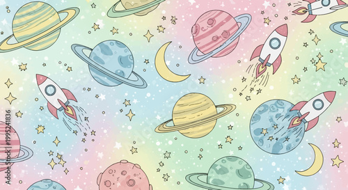Colorful cartoon planets and rockets in space with stars and moons seamless pattern