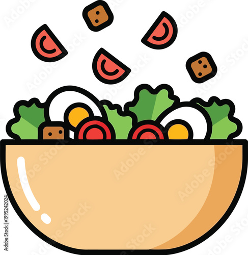 Fresh vegetable salad in a bowl with sliced tomatoes and boiled eggs cartoon vector illustration