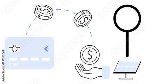 Financial transactions, renewable energy, digital payments, online banking, economic growth, fintech. A credit card, coins hand solar panel magnifying glass. Digital payments and renewable energy