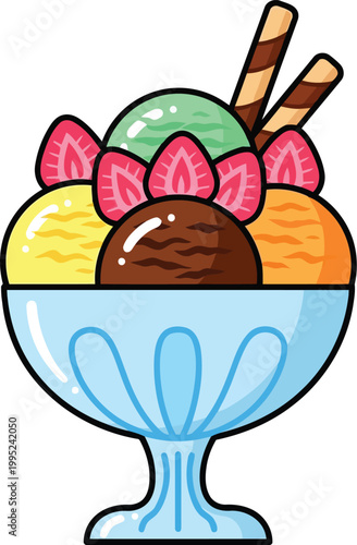 Colorful ice cream sundae in a blue glass bowl with chocolate wafers and fresh strawberry slices