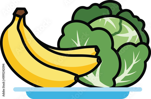 Cartoon bananas and cabbage on plate