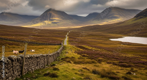 Mountain landscape with stone wall and sheep grazing in green field with lake and road to hills in background under cloudy sky