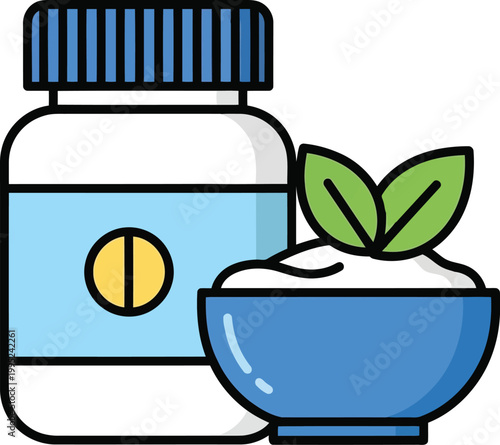 Bottle of medicine pills with a small bowl of herbal organic cream or natural supplement skincare product in a flat vector illustration style