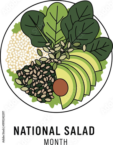 Fresh salad bowl with avocado spinach and black beans for National Salad Month illustration