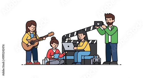 Creative Team Collaborating on a Project with Musical Instruments and Technology.