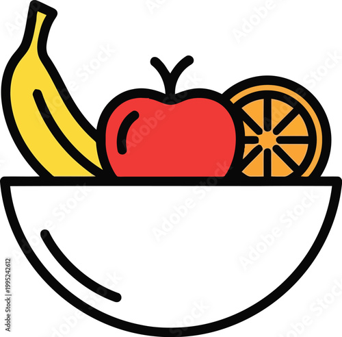 Cartoon bowl with fruit, banana, apple, and orange slice