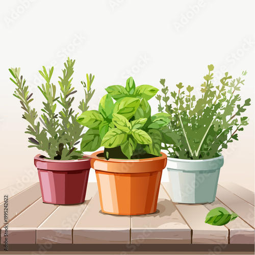 水彩画で描かれたハーブポットのイラスト