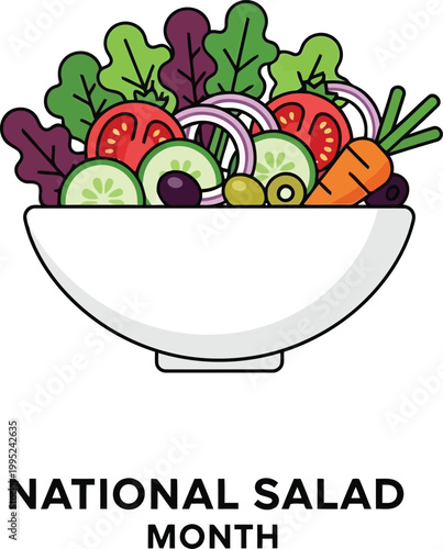 Fresh vegetable salad in a bowl with text National Salad Month for healthy food celebration design