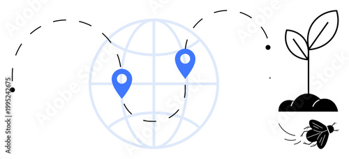 Sustainability, environment, eco-travel, global connections, innovation, nature preservation. Globe with location markers, sprouting plant flying bee. Sustainability and environment