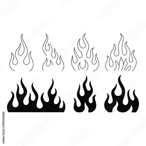 Set of black and outline flame graphics fire flames