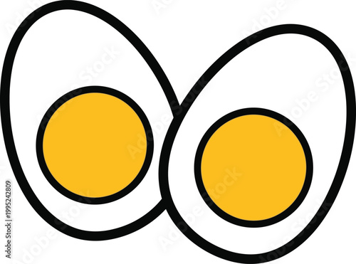 Two boiled eggs cut in half showing yellow yolks and egg whites as a simple flat vector illustration