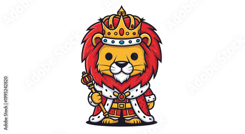 Konstfotografi Cute King Lion Cartoon Character with Crown and Scepter, Royal Animal Mascot
