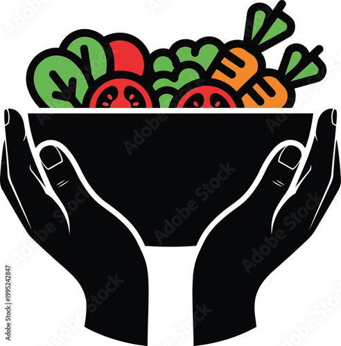 Two hands holding a black bowl full of fresh raw vegetables like carrots and salad leaves