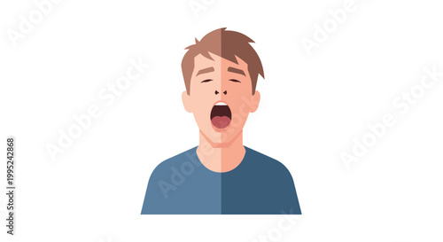 Yawning Young Man Vector Illustration, Flat Style Graphic Portrait of a Tired Person Feeling Sleepy