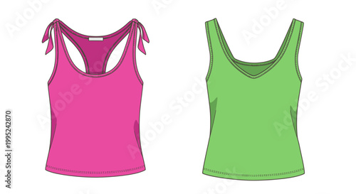 Women Summer Tank Top Vector Illustration, Flat Fashion Design Mockup Set with Pink Racerback and Green V-Neck Sleeveless Shirts for Apparel Branding Projects