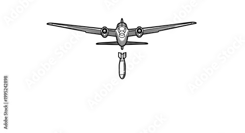 World War II Bomber Plane Dropping Bomb Vector Illustration, Vintage Military Aircraft Graphic Symbol for Historical Design Projects