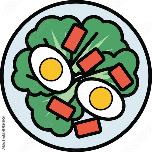 Fresh green salad bowl with hard boiled eggs and bacon bits in a simple cartoon flat vector style illustration